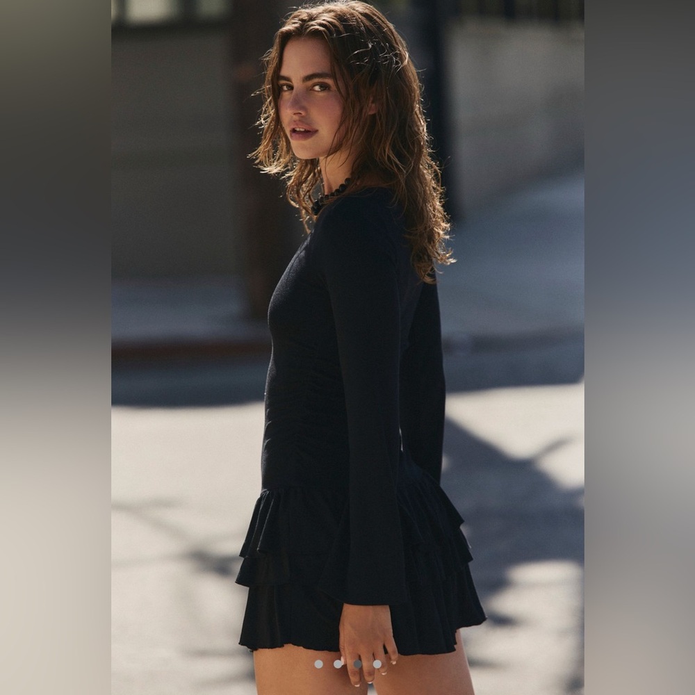 NWT Free People Good Feels Long Sleeve Mini Ruffle Dress Black Sz SMALL festival - Picture 4 of 16